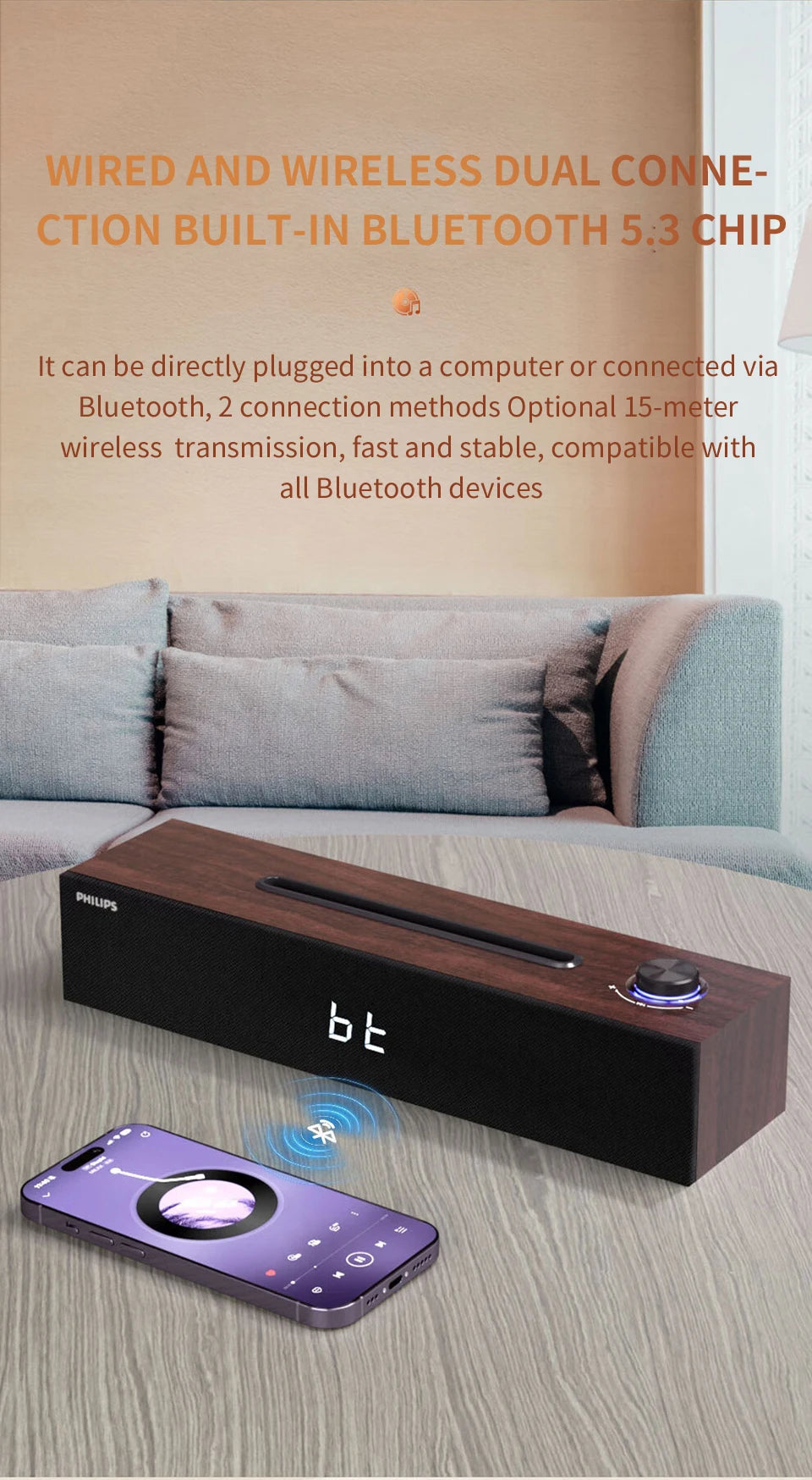 Wireless speaker setup featuring the Philips SPA3809 in a modern home entertainment system. Vitoi-Store