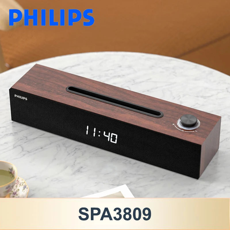 Close-up of the Philips SPA3809 speaker buttons for volume control, Bluetooth pairing, and mode selection. Vitoi-Store